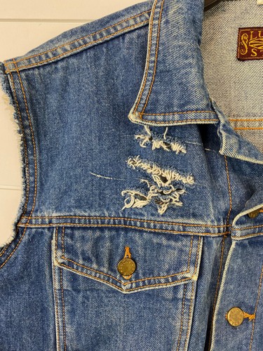 Vintage Lucky Star Denim Jean Vest Jacket Mens L Large Factory Distress Fray Arm - Picture 2 of 9