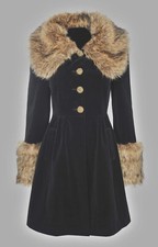 Vintage Black Velvet Faux Fur Collar & Cuffs Princess Pea Coat Frock Coat 16