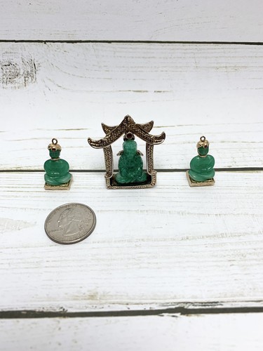 Vintage Asian Style Green Faux Jade Pagoda Brooch Pin And Buddha Jewelry - Picture 5 of 5