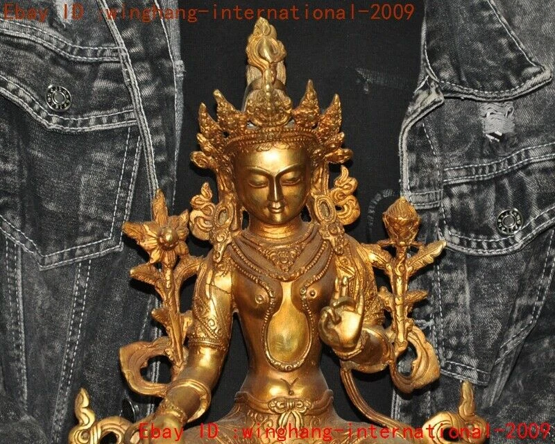 12"Tibetan Buddhism temple Bronze Gilt green Tara Kwan-Yin Guanyin Buddha statue - Image 2 of 4