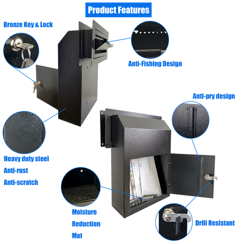 OPEN BOX Door Drop Box, Mail Slots, Through The Door Locking Mailbox, Black - Picture 5 of 10