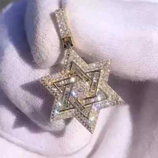 2 Ct Round Cut Real Moissanite Star Of David Pendant 14K Yellow Gold Plated