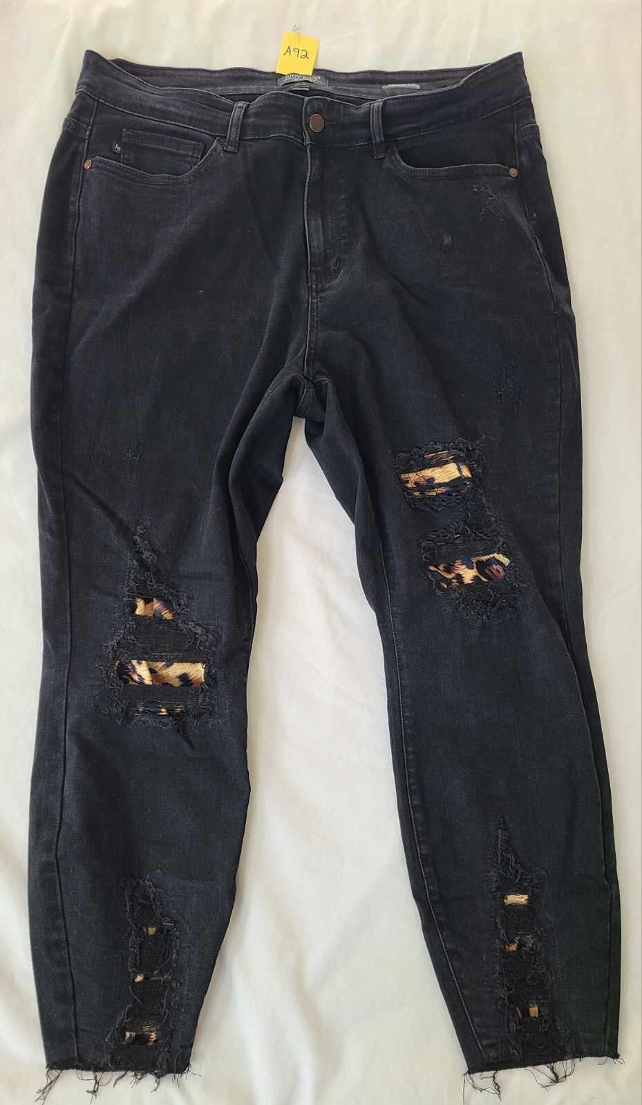 Judy Blue Skinny Fit Distressed Jeans Black Raw Hem Leopard Patch - Main Image