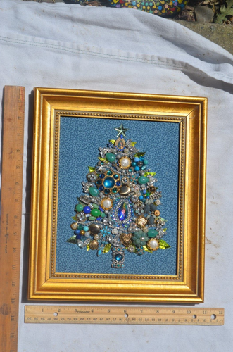 Framed Vintage Jewelry Christmas Tree Gold frame 11x13" Blue Green Gold - Picture 2 of 10