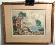 Early 20th Century HERAN CHABAN Pencil Signed Color Etching Seaside Villa