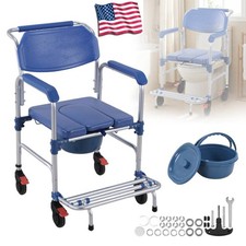 Foldable Shower Chair with Wheels  Toilet Commode 330lbs Rolling Bath Seat USA