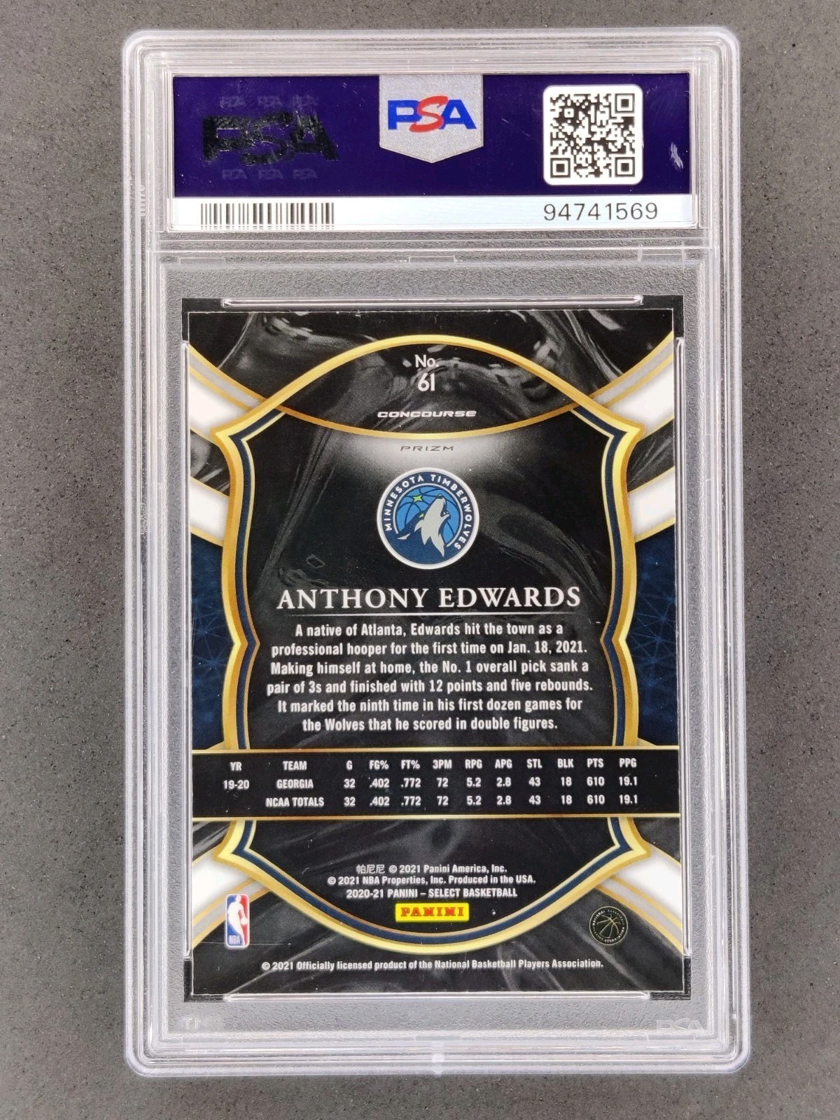 2020-21 Panini Select ANTHONY EDWARDS Rookie Blue White Purple Ice #61 Min PSA 9 view 3