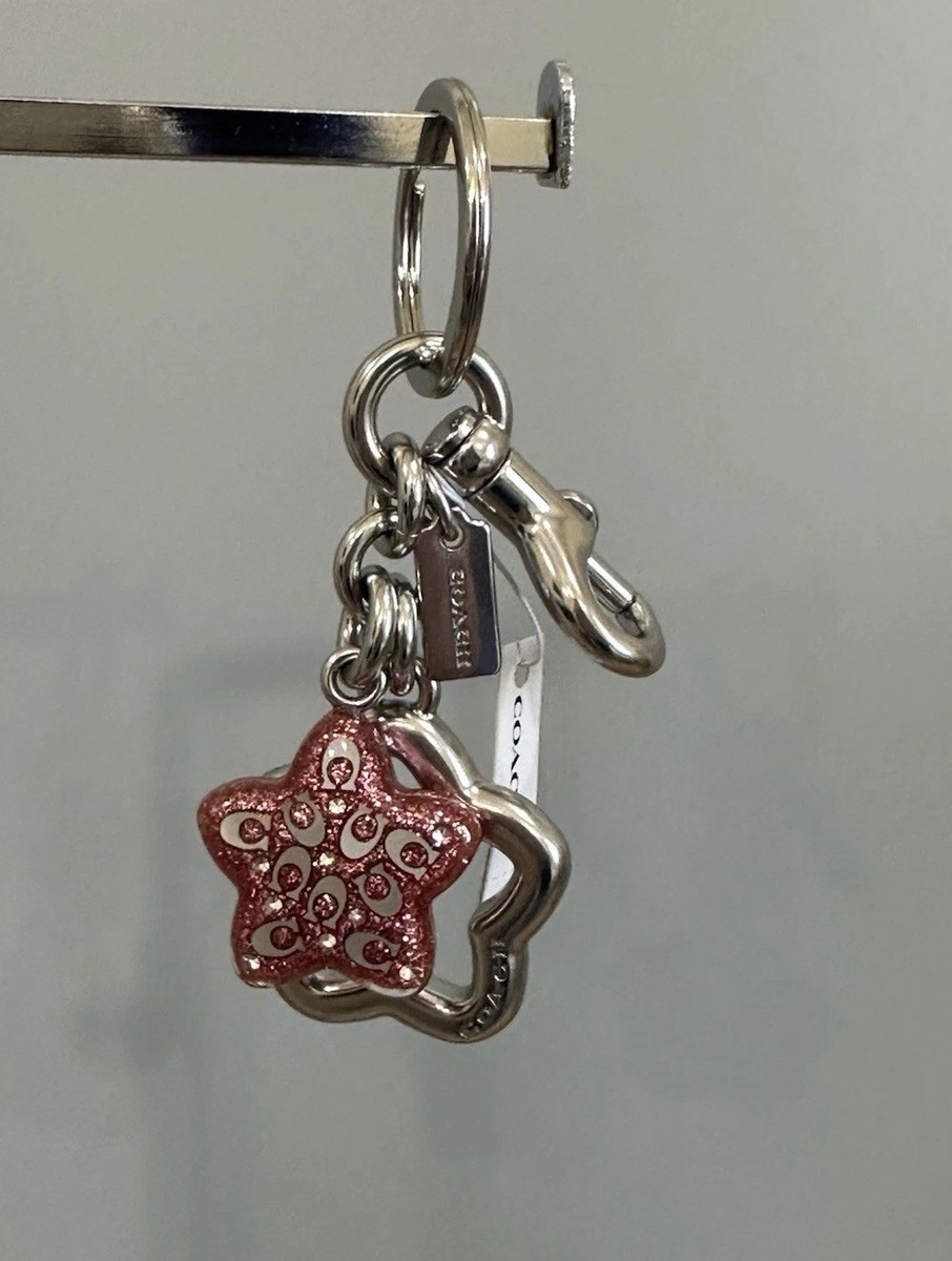 NWT COACH Signature Star Bag Charm Key Ring FOB Silver Pink Petal