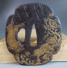 Tsuba guard large shishi peony inlay mokko samurai Sword fitting Edo