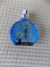 2.5" glass holy water bottle with silver rose cap - Virgin Mary picture