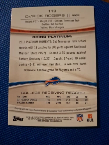 2013 DA'RICK ROGERS TOPPS PLATINUM NFL ROOKIE CARD RC MOJO #119 BUFFALO BILLS - Picture 2 of 2