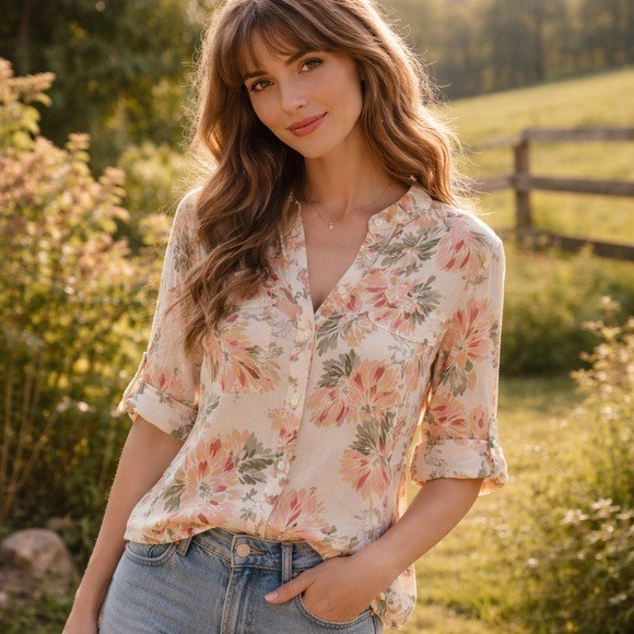 Floral Button Front Blouse Roll Tab Sleeve Size L Boho Cottagecore Top