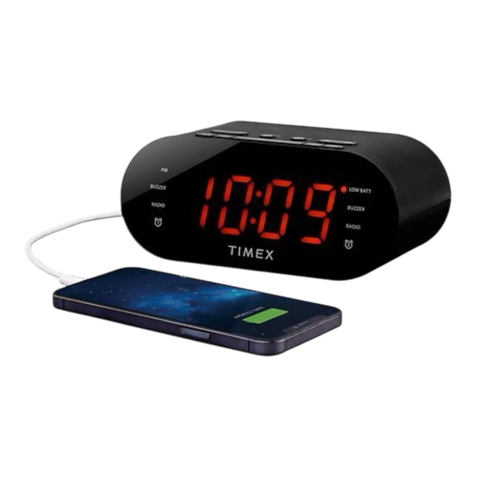 Timex Alarm Clock for Bedroom with FM Radio and USB Charger - Black - Image 2 of 4