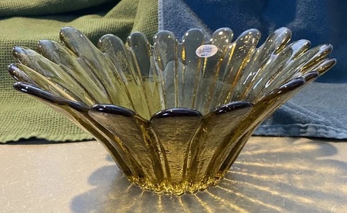 Blenko Art Glass Petal Bowl Yellow Gold Daisy Sunflower Handcraft
