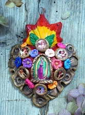 Heart Virgin of Guadalupe Angels & Flowers Handmade Mexican Folk Art Small Size