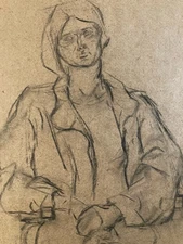 Beautiful Drawing Painting Charcoal Woman Portrait to Identify 1970