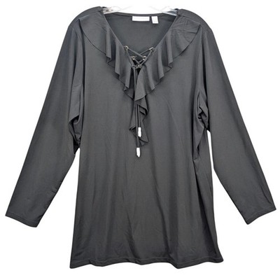 Susan Graver Blouse Womens 1X Black Liquid Knit Lace-Up V-Neck Ruffles Bewitched