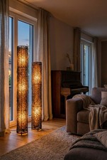 Extra hohe Stehlampe Stehleuchte Rattanlampe Lampe mit Rattan Stoff Leder, neu