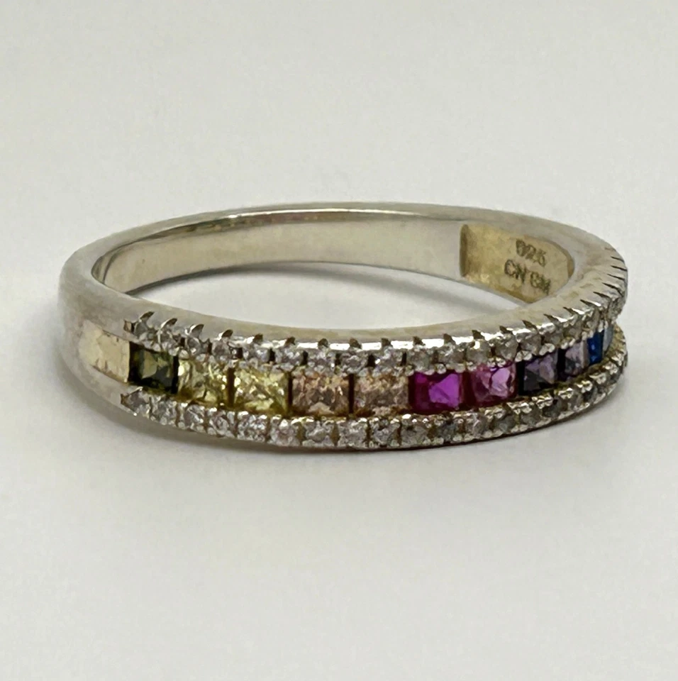 Sterling Silver Multi-Gem Eternity Band Ring Ruby Emerald Aqua Diamond Size 8.25 - Image 2 of 4