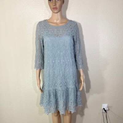 Sundance Catalog Pale Blue Lace 3/4 Sleeve Dress Petite Small PS