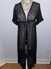 Dramatic Womans Black Chiffon Heavy Lace Bodice Empire Tie Waist Dressing Gown L