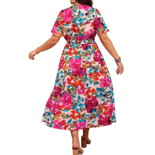 Plus Size Women's Floral V-Neck Holiday Beach Sundress Bohemian Party Midi Dress - Picture 10 of 17