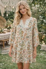 Robert Louis Brown Yellow Floral Shift Dress Sz M Bohemian Hippie Garden Tea