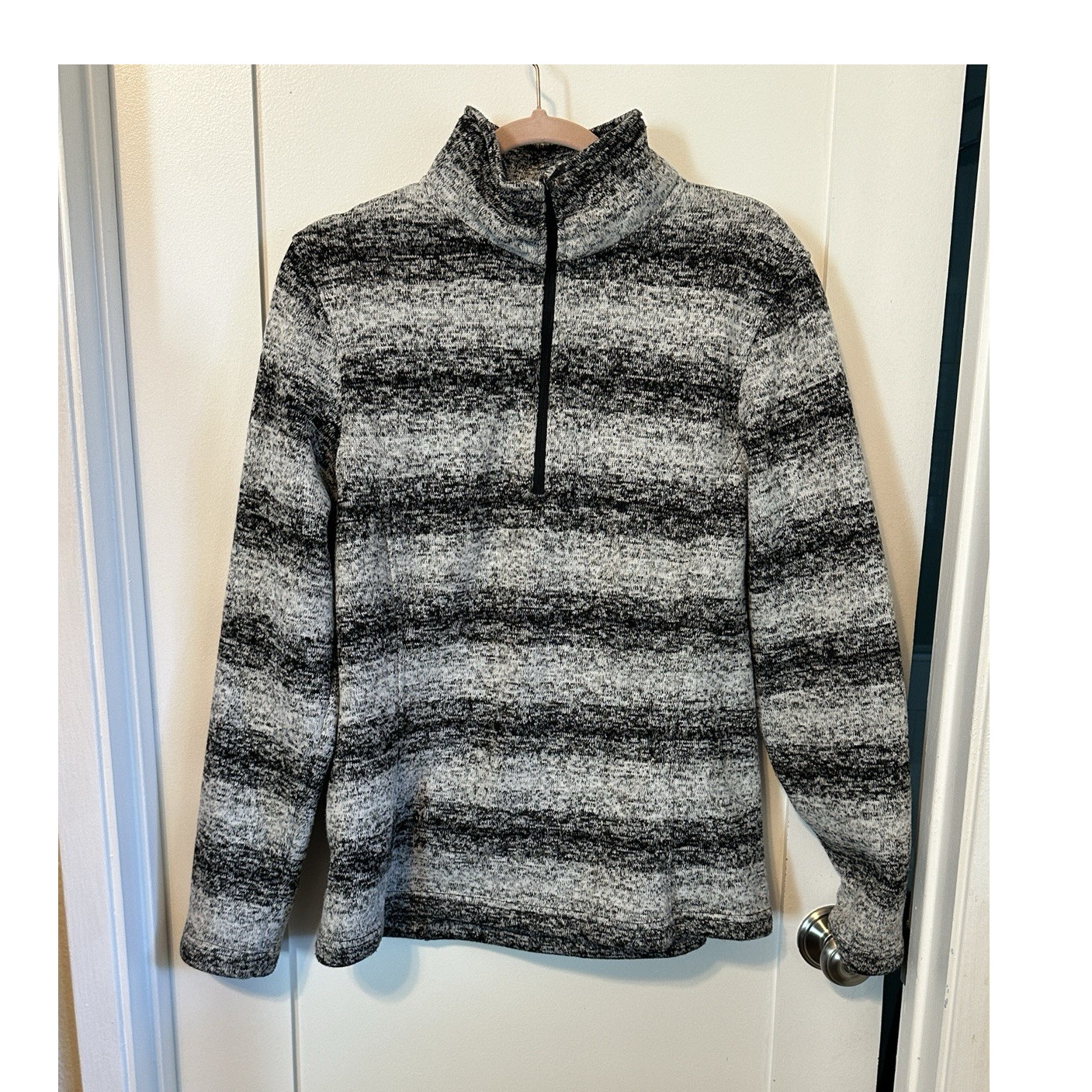 Lands' End Gray Black White Striped Knit Pullover Sweater M Mock Neck Women