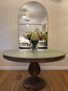 Mango Wood Round Pedestal Table with Distressed Painted Top. Good Condition