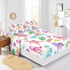 Cute Dinosaur Fitted Sheet Set 4Pcs Dinosaurs Bed Sheets Full Wild Animal Pat...