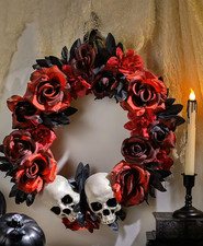 16 3/4" x 3 1/2" Red  Black Flower Wreath with Skulls Halloween Decoration Prop