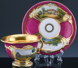 SUPERB c1830 KPM QUALITY GERMAN LANDSCAPES ENAMEL PORCELAIN TEA CUP & SAUCER