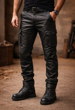 Men's Black Genuine Cowhide Leather Cargo Pants Stylish Casual Fit