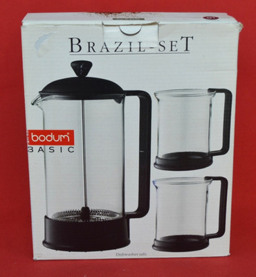 BODUM BASIC BRASILIEN: FRENCH PRESS KAFFEE CAFETIERE / LÖFFEL / ZWEI TASSEN - UNBENUTZT!