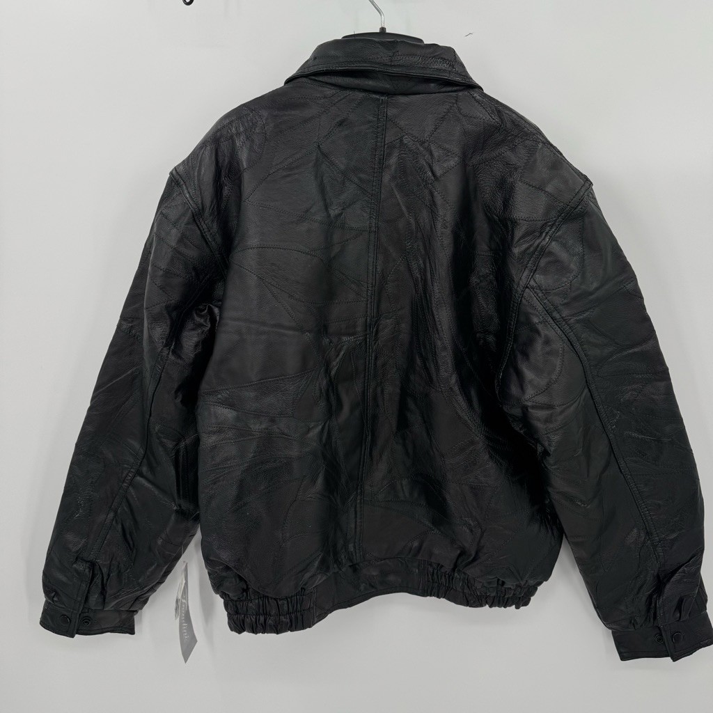 Black Genuine Leather Patchwork Bomber Jacket Vin… - image 3