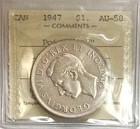 1947 SILVER CANADA $1 DOLLAR GEORGE VI "POINTED 7" COIN ICCS AU 58 BETTER DATE