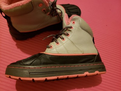 gray and pink duck boots
