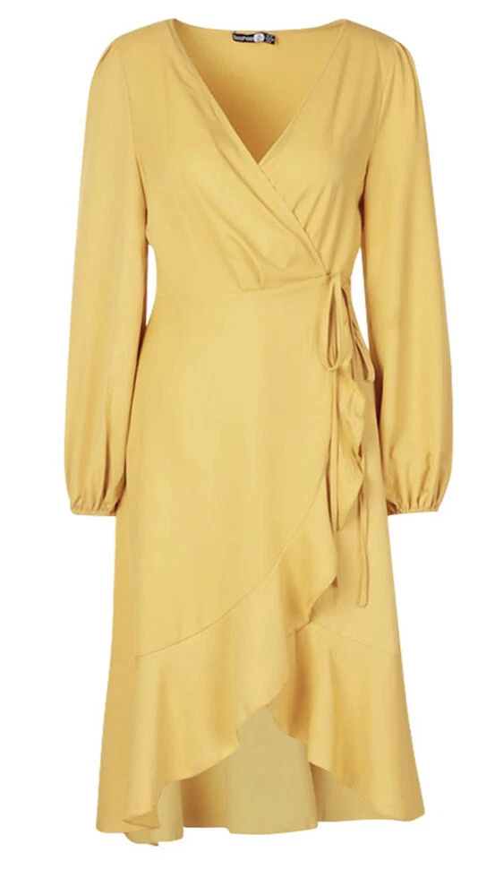 Boohoo crepe ruffle Wrap midi skater dress UK14US10 new