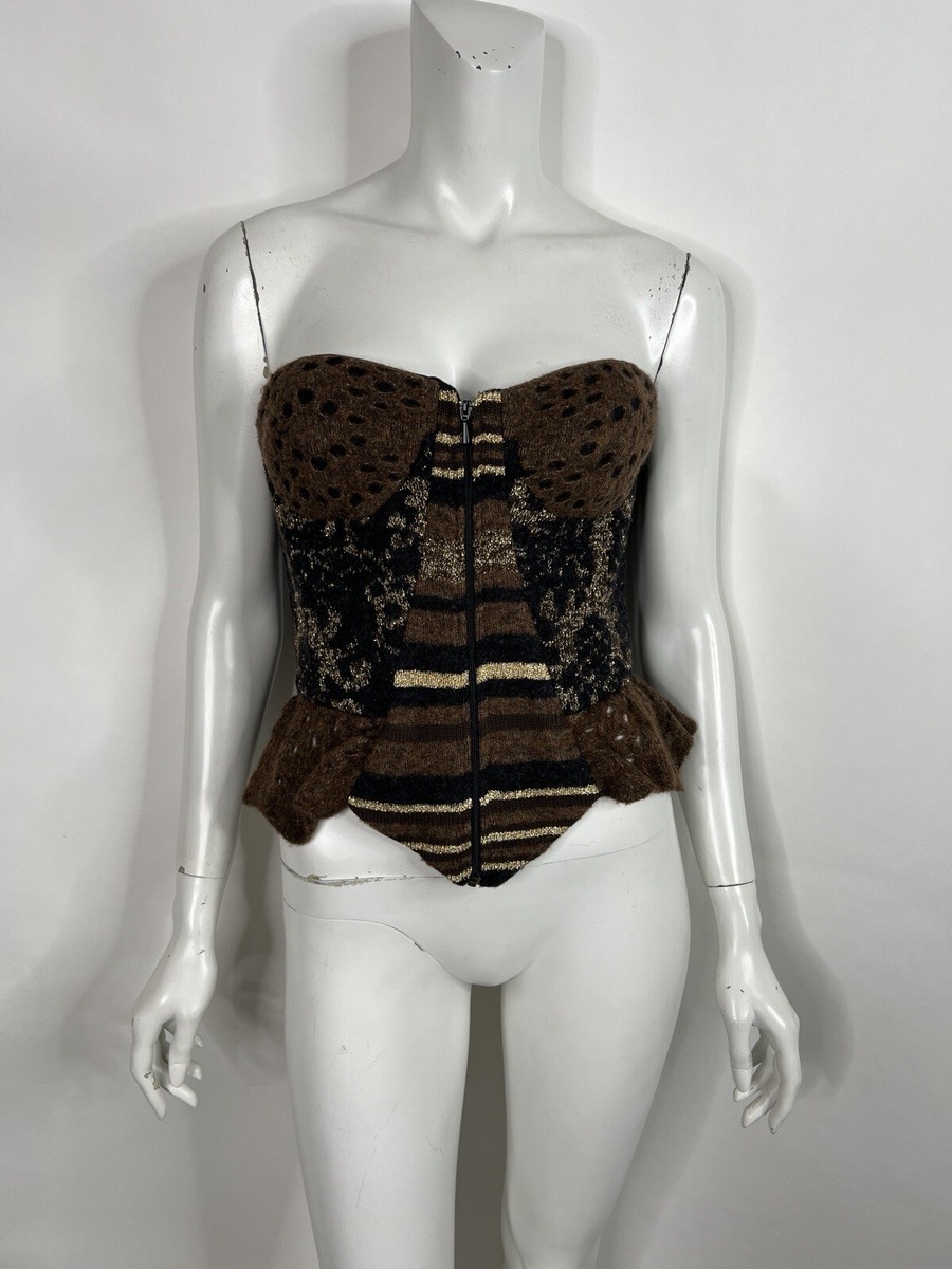 Vtg CHRISTIAN LACROIX AW1993 BROWN PATCHWORK KNIT CORSET TOP