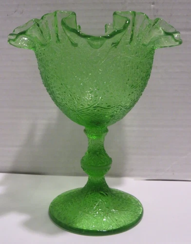 Vintage Fenton Green Wisteria Glass Ruffled Compote Tree of Life Signed