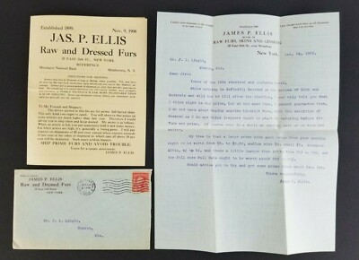 Vintage 1908 Raw Dressed Furs Skins Pelts Trapping Letter Price List Envelope