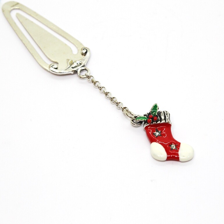 Marcador De Libros En Plata Y Esmalte Con Calcetín Navideño
