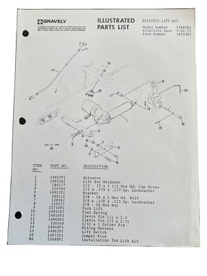 Gravely Electric Lift kit illustrated parts list model 14983E1 form 18703P1 3-71