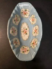 Vintage Unmarked Dish Blue w/ Pink Flowers Textured Hand Painted Gold Accents 7"