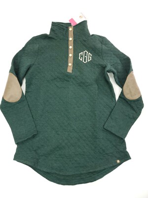 Marley Lilly Quilted Green Monogram Button Pullover Mock Neck
