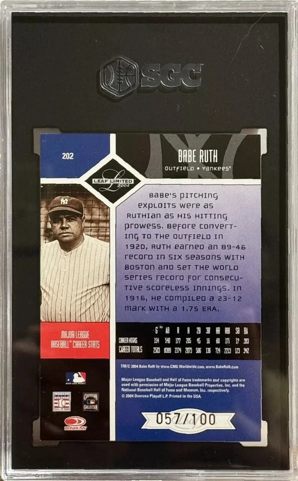 Leaf Limited 2004 Babe Ruth impresión corta SP (pop. Informe 1/1) SGC-9 #/100 COMO NUEVO🔥 Foto 2 de 4