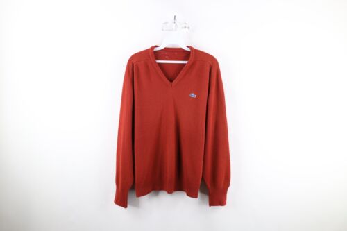 Vintage 90s Lacoste Mens Medium Croc Logo Knit V-Neck Sweater Reddish Orange - Picture 1 of 8
