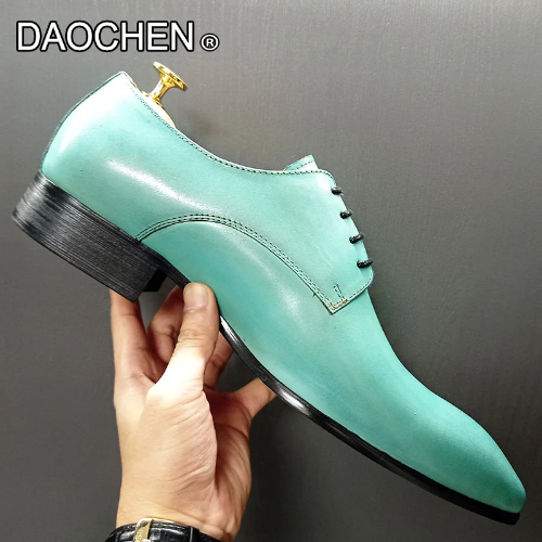 SAOLA Men's Pu Leather Shoes Light Green Lace up Pointed Dress Office Business Shoes