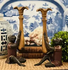Vintage Bill Huebbe Style Butler Monkey in Red Coat Candlesticks Candle Holders