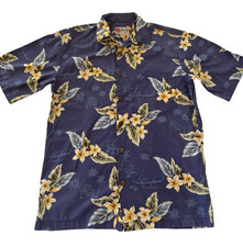 HILO HATTIE Vintage 90s Hawaiian Shirt Mens Small Blue Floral Plumeria Button Up